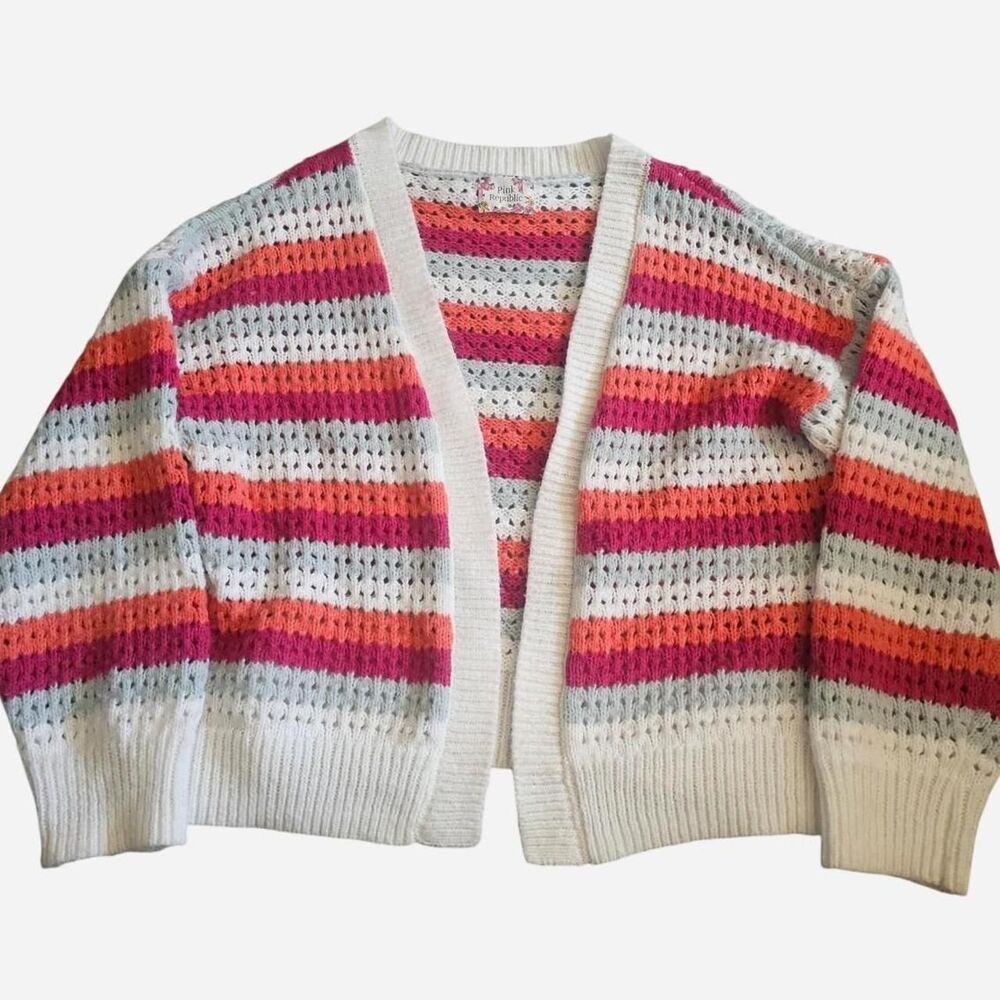pink white grey striped knit cozy cardigan